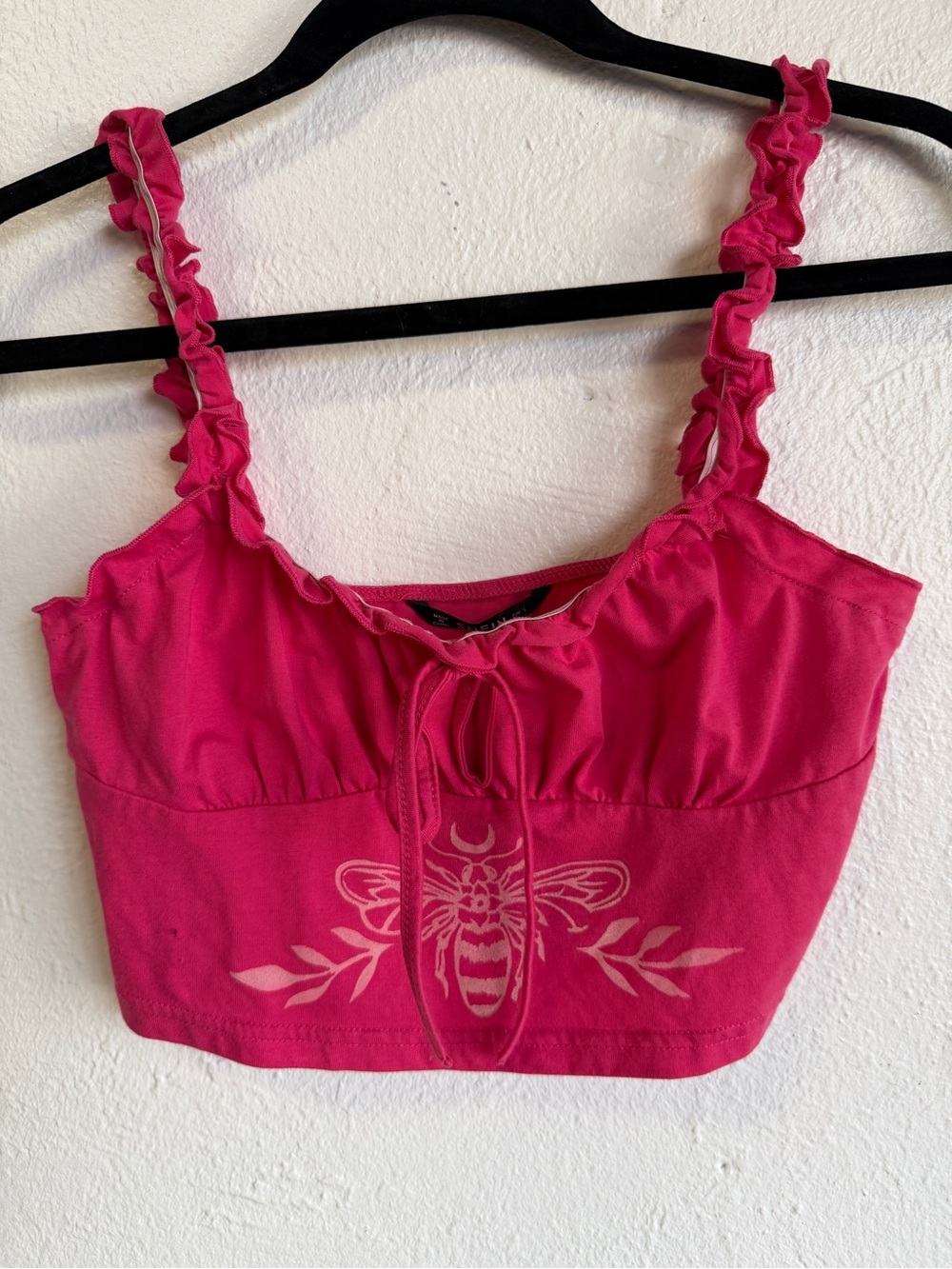 Women’s Ruffled Strap Crop Top in Hot Pink with Bee Graphic
